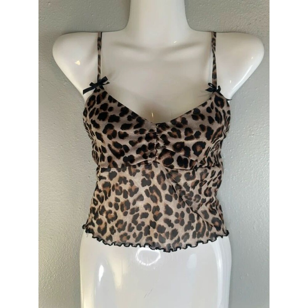 Full Tilt Leopard Print Bow Strap Mesh Cami Crop Tank Sz Medium Fits Like Small